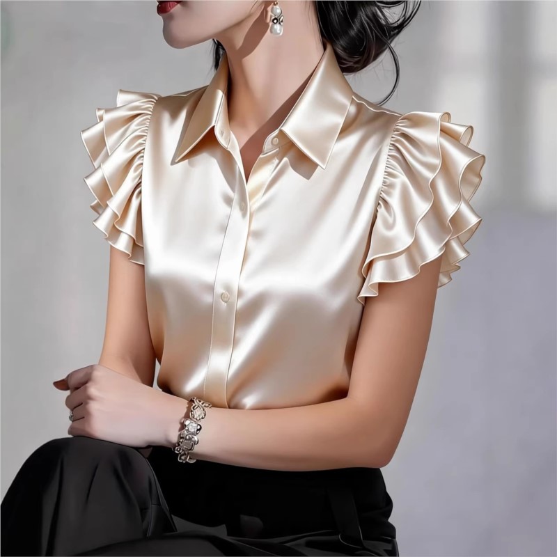 Silk Blouse Button - Camicetta Casual con Volant a Maniche